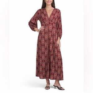 Max Studio Women’s 3/4 Sleeve Burgundy Printed Maxi Dress with V-Neck